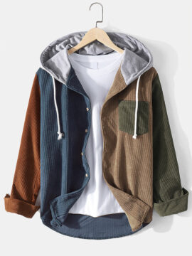 Corduroy Colorblock Stitching Hooded Shirt