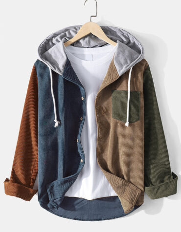 Corduroy Colorblock Stitching Hooded Shirt