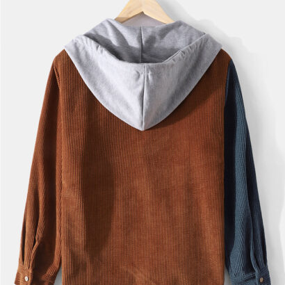Corduroy Colorblock Stitching Hooded Shirt back look