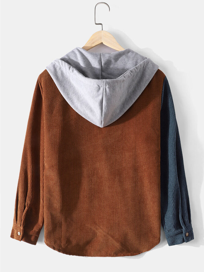 Corduroy Colorblock Stitching Hooded Shirt back look