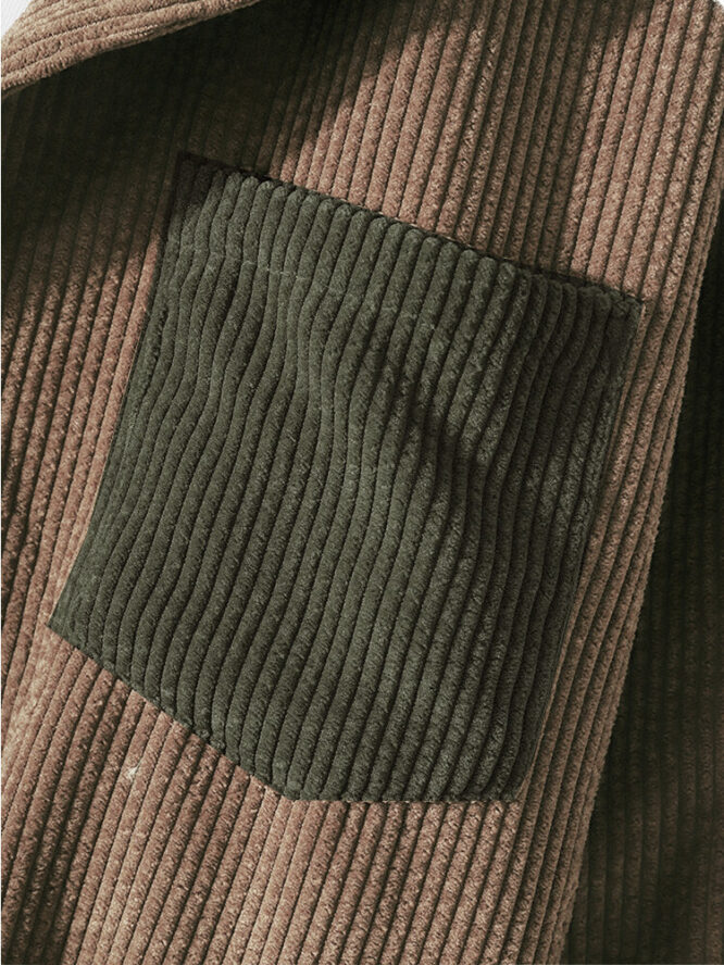 Corduroy Colorblock Stitching Hooded Shirt pocket