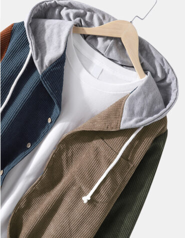 Corduroy Colorblock Stitching Hooded Shirt side look
