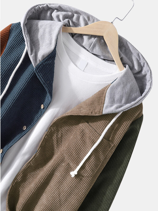 Corduroy Colorblock Stitching Hooded Shirt side look