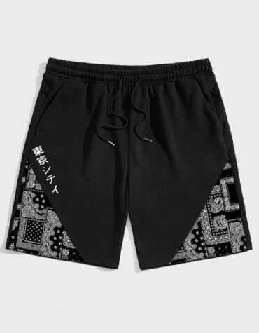 Mens Ethnic Paisley Japanese Print Patchwork Drawstring Shorts