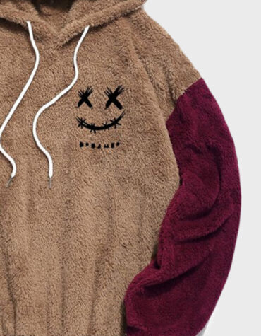 Mens Smile Face Embroidered Patchwork Plush Drawstring Hoodies Winter