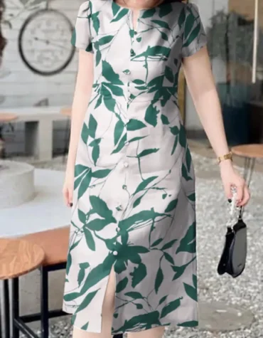 Women Print Split Hem Short Sleeve Dress Green