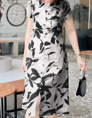 Women Print Split Hem Short Sleeve Dress black