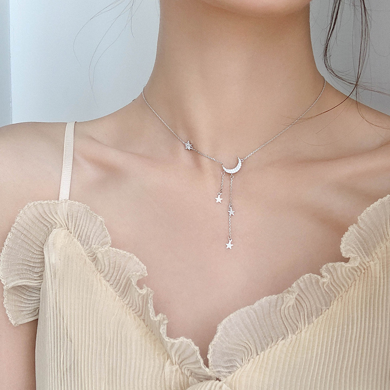 Temperament Simple Star And Moon Pendant Necklace Female Tide Niche Light Luxury Korean Personality Clavicle Chain