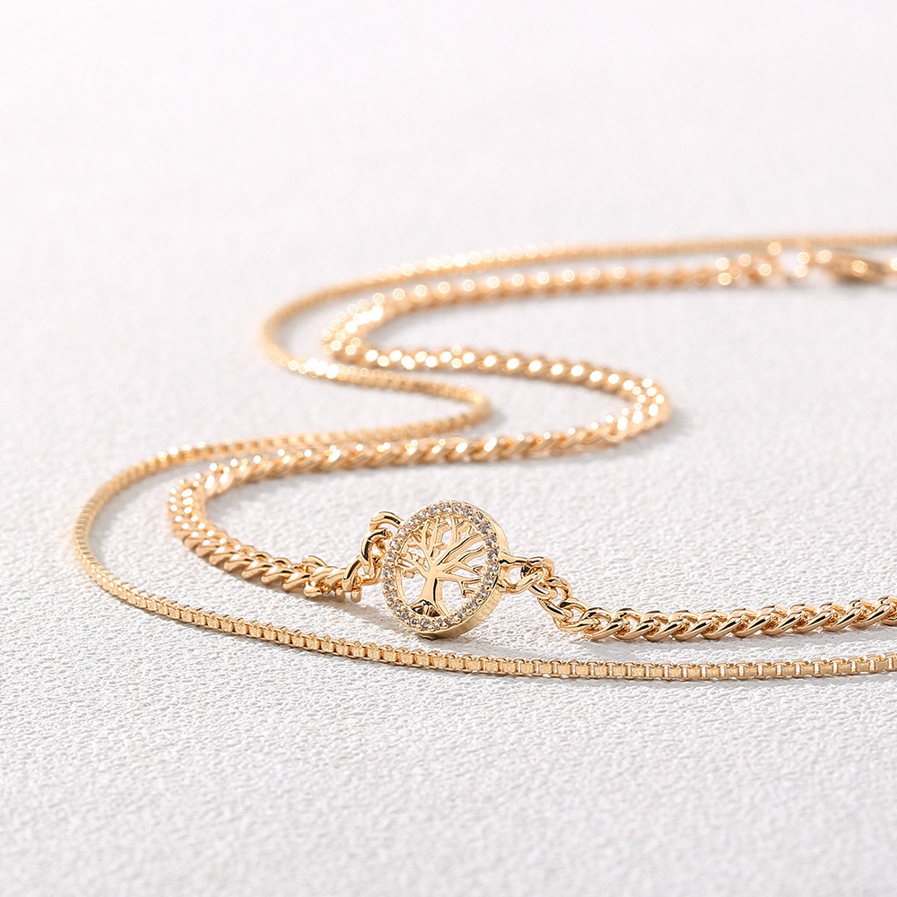 Gold Round Tree Of Life Copper Micro-Set Zircon Multilayer Necklace Accessory