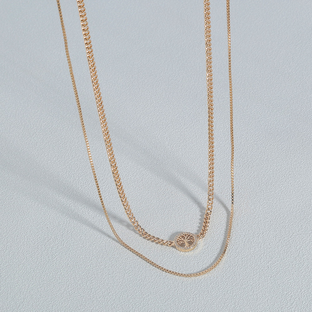 Gold Round Tree Of Life Copper Micro-Set Zircon Multilayer Necklace Accessory