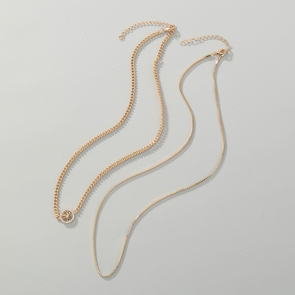 Gold Round Tree Of Life Copper Micro-Set Zircon Multilayer Necklace Accessory