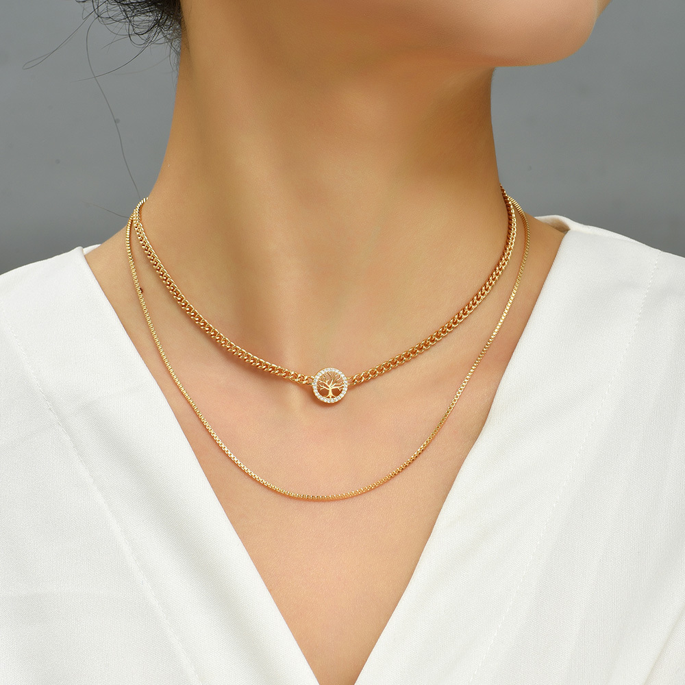 Gold Round Tree Of Life Copper Micro-Set Zircon Multilayer Necklace Accessory