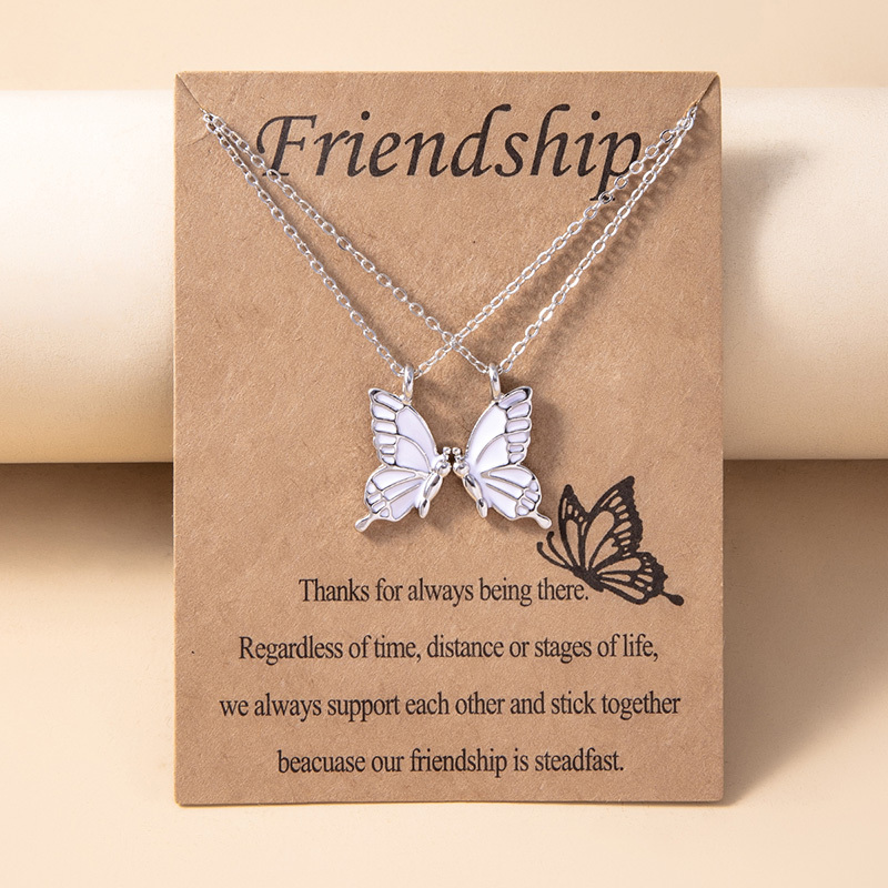 1 Pair Butterfly Pendant Necklace For Women Girls Sisters Friends With Inspirational Friendship Card
