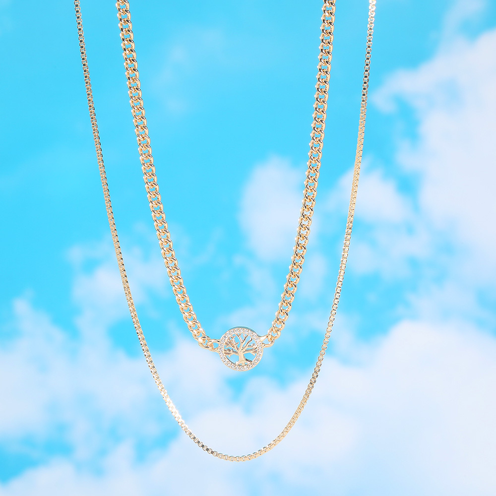 Gold Round Tree Of Life Copper Micro-Set Zircon Multilayer Necklace Accessory