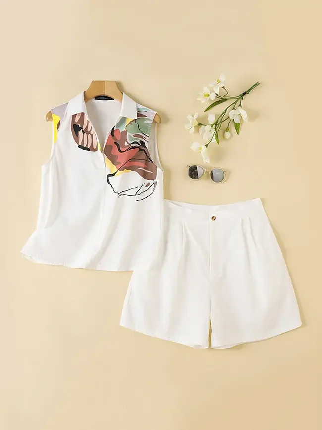 Abstract Print Sleeveless Cotton Co-ords - White front