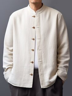 Mens Chinese Style Stand Collar Cotton Solid Long Sleeve Shirts