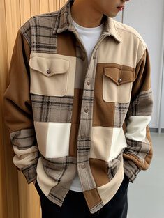 Mens Check Plaid Flap Pocket Shirts Winter