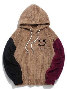 Mens Smile Face Embroidered Patchwork Plush Drawstring Hoodies Winter