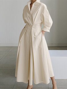 Solid Pocket Maxi Shirt Dress