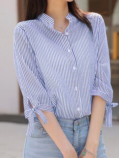 Stripe Print Tie-up At Cuffs Blouse